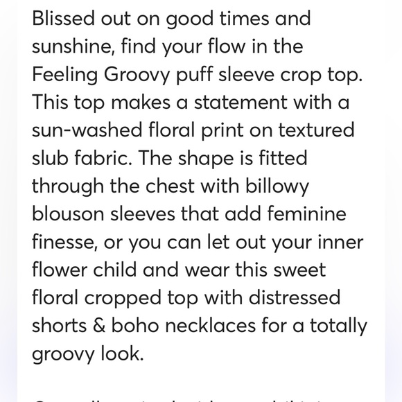 BILLABONG Feeling Groovy Smocked Puff Sleeve Crop Top NWT L - Picture 10 of 10